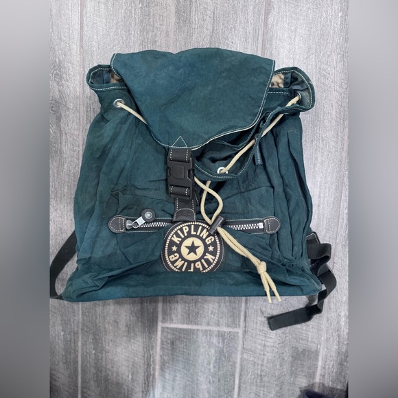 Vintage KIPLING Medium Drawstring Green Nylon Backpack‎ Book Bag Pack Bag